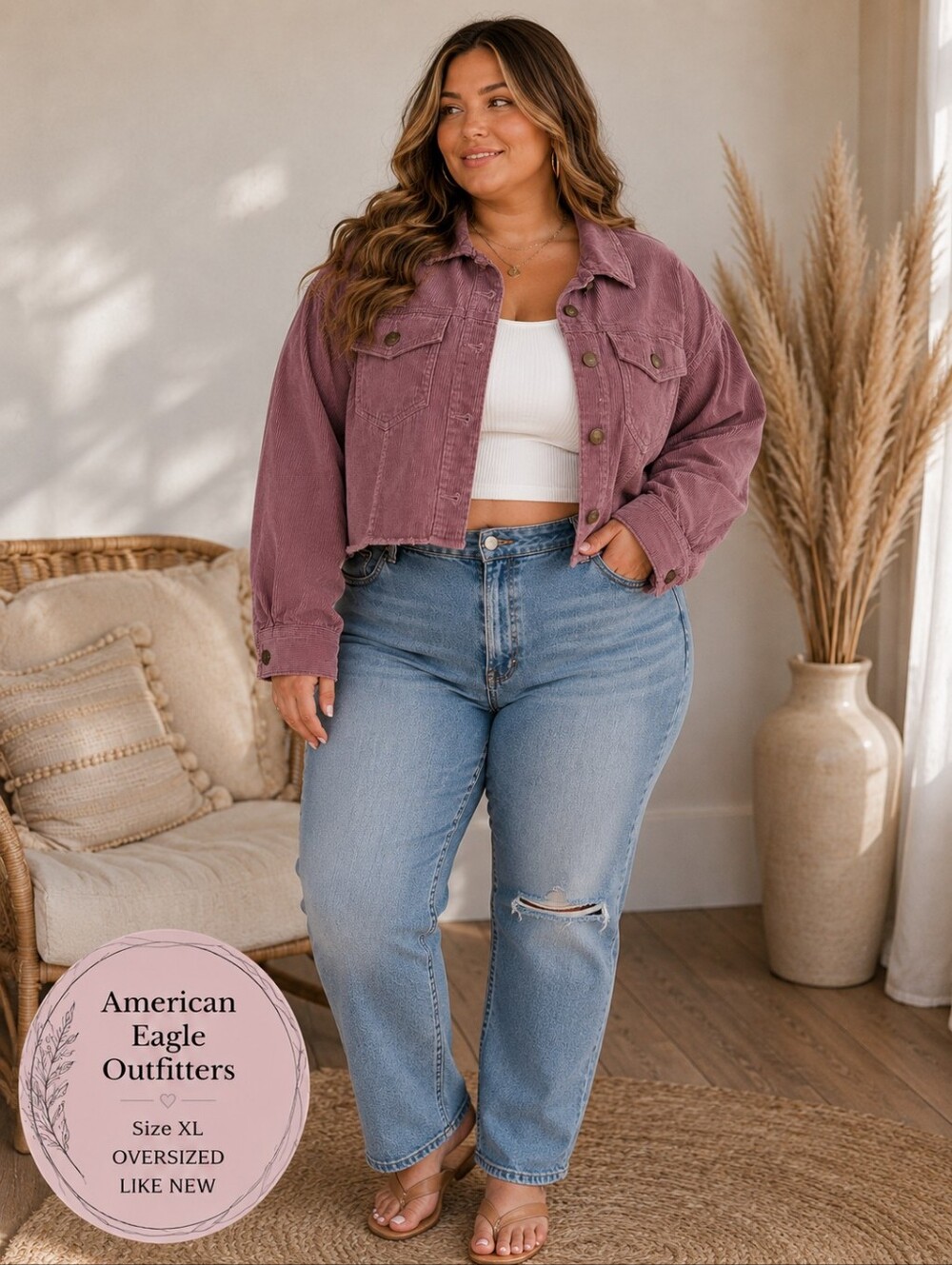American Eagle Cropped Corduroy Jacket | Dusty Mauve | Oversized XL